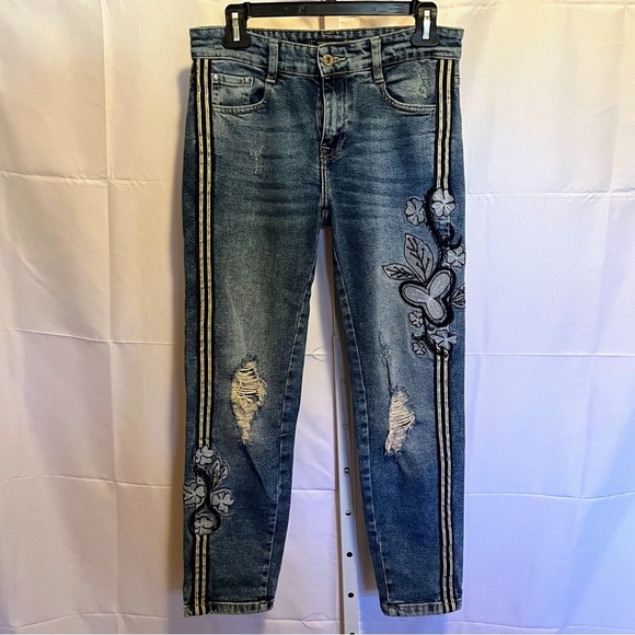 Zara Trafaluc Embroidered Cropped Denim Jeans Women’s 4 Clover Floral Y2K Slim - Picture 1 of 9